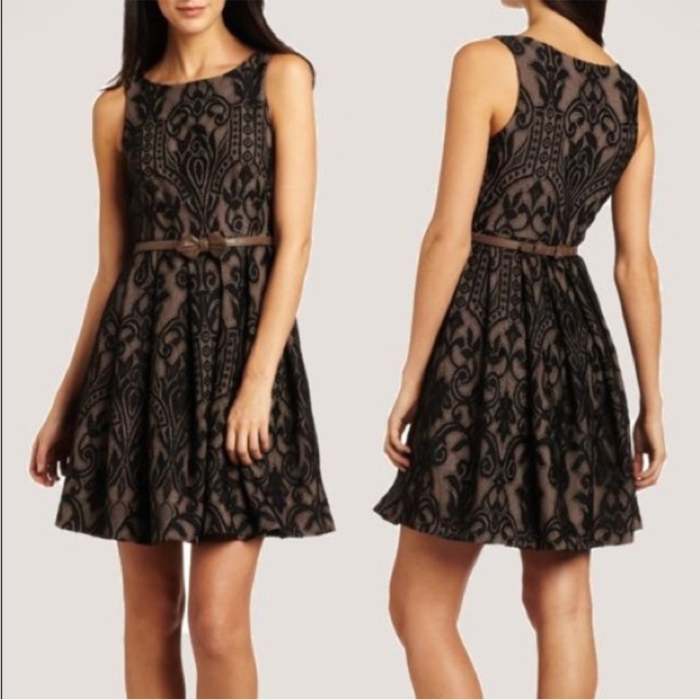 Eva Franco Size 12 Black Sleeveless Lace Overlay Dress w/ Red Issac Mizrahi Belt